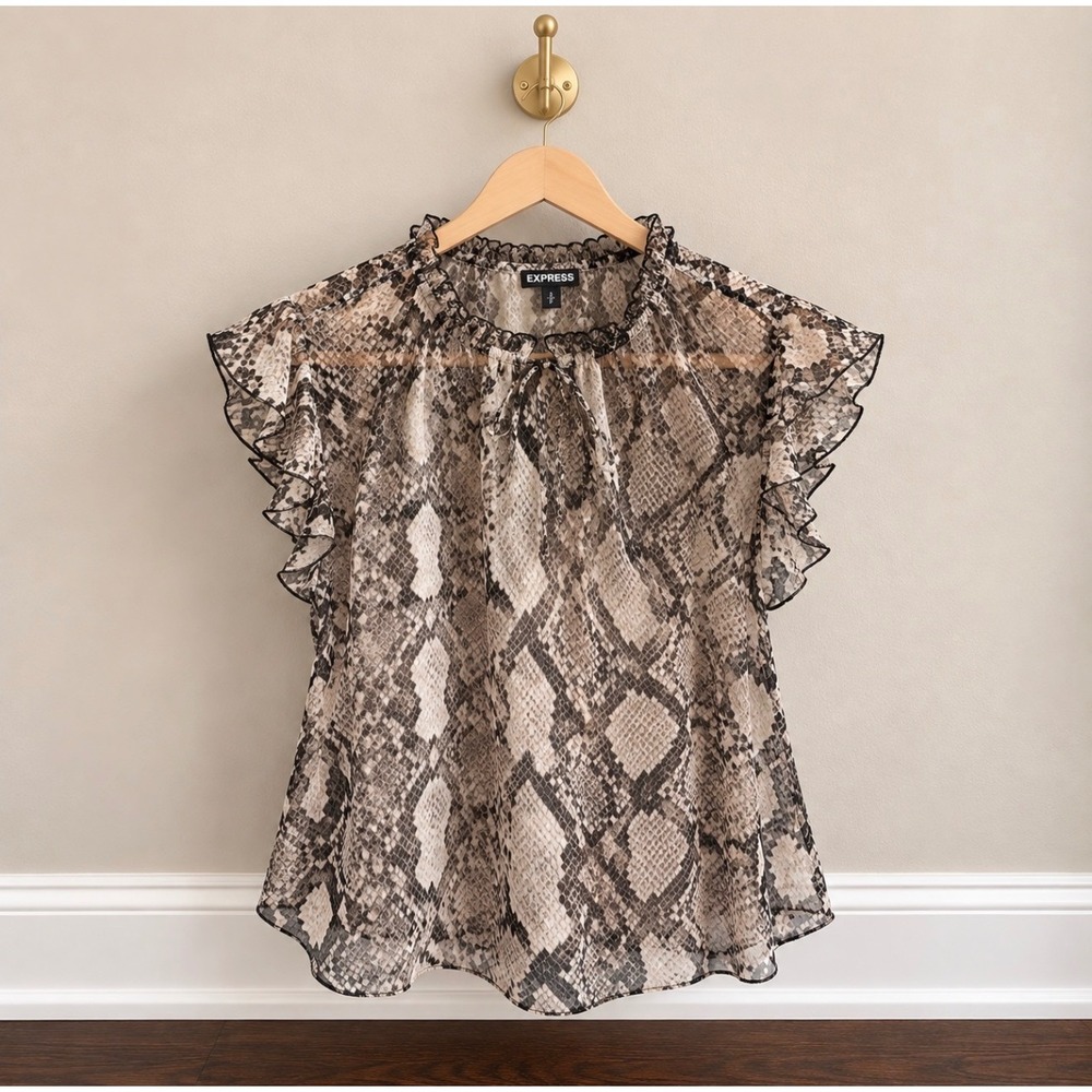 Express Snakeskin Print Ruffle Neck Flutter Sleeve Blouse Gray Black Small